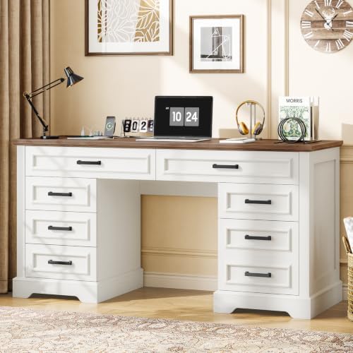 58" Executive Desk with 7 Drawers, Large Computer Desk with Charging Station , Wood Home Office Desk with File Drawer for Letter/A4 Size Hanging Files for Home Office, Rustic White and Rustic Brown - Image 3