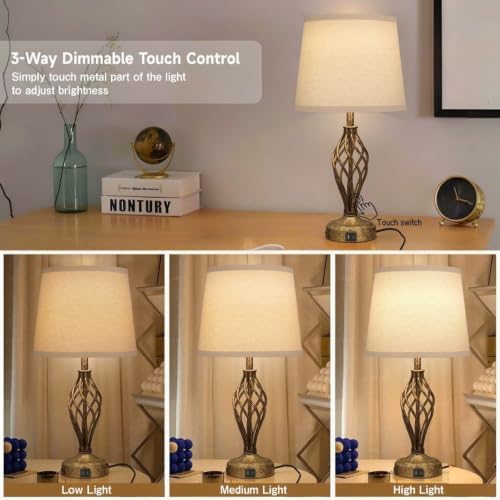 Ruiever Touch Table Lamps Set of 2, nightstand lamp with USB Ports Bedside 3 Way Touch dimmer Desk lamp for Living Room Bedroom,Antique Gold Spiral cage Base Design Warm White dimmer Bulbs Included. - Image 5