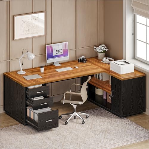 LITTLE TREE 87-Inch Modern Executive Desk with File Cabinet, Large Home Office Desk with Drawers, 3-Drawer Wooden File Cabinet, Spacious Workstation for Home Office (Brown & Black) - Image 4