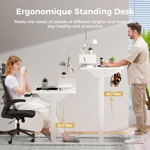GTPLAYER Electric Standing Desk with Drawers, 48 x 24 Inch Height Adjustable Gaming Desk with Monitor Stand, Power Outlets & LED Lights, Home Office Sit Stand Up Desk with Memory Preset (White) - Image 3