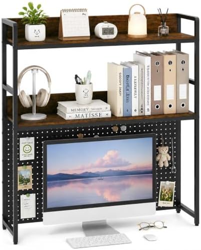 POWERSTONE 2-Tier Desktop Bookshelf for Monitors up to 32", Rustic Brown by POWERSTONE%C2%AE