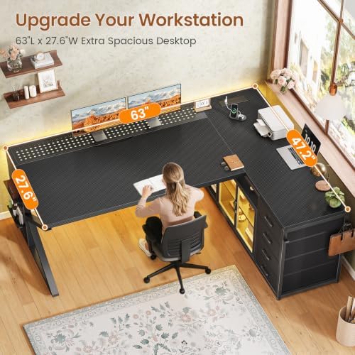 SEDETA 63"x27.6" L Shaped Gaming Desk with 4 Drawers, Carbon Fiber Black - Image 3