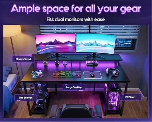 ODK 48 Inch Gaming Desk with LED Lights & Storage Shelves, Black - Image 4