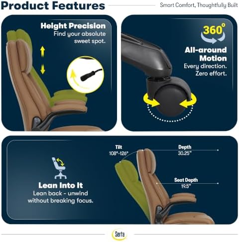 Serta Big and Tall Office Chair with Lumbar Support, Flip Arm Leather Chair - Image 5
