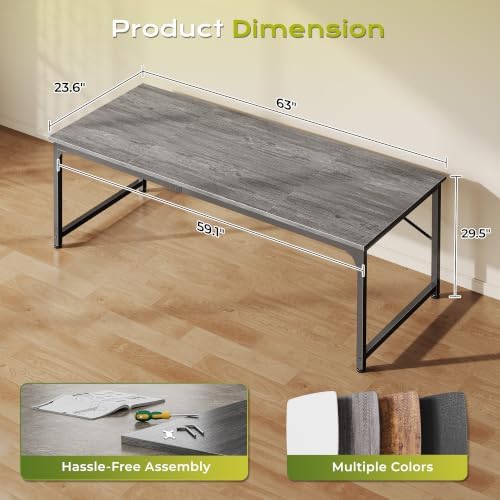 PRAISUN 63 Inch Computer Desk, Office Desk, Spacious Desktop, Grey - Image 3