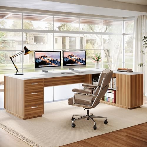 Tribesigns 85.8-Inch L-Shaped Executive Desk, White & Brown - Image 3