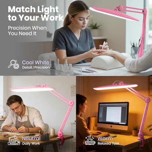 Neatfi XL 2200 Lumens 20W LED Desk Lamp with Clamp – Adjustable Color Temperature | 4-Level Dimmable Light | Home Office, Crafts & Workbench | 20-Inch Wide Head (Pink, CCT with Clamp) - Image 3