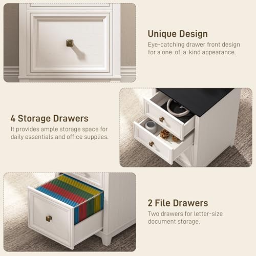 Vabches Farmhouse L Shaped Executive Desk with 6 Drawers, 59’’ Wood Home Office Desk with File Cabinet, Writing Corner Computer Desk for Home Office, Work, Study, White and Black - Image 6