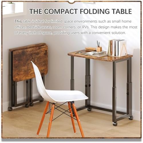 4NM No Tool Assembly 23.6" Small Desk, Folding Portable Desk with Wheels, Adjustable Height Foldable Computer Home Office Desks, Collapsible Study Writing Table for Space Saving Bedroom - Rustic Brown - Image 3