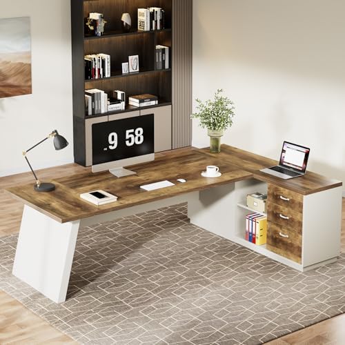 Tribesigns 78" L-Shaped Executive Desk, Large Modern Office Desk with Drawers and Lateral File Cabinet, Business Furniture with Storage Shelves, Big Computer Desk for Home Office (Brown + White) - Image 5