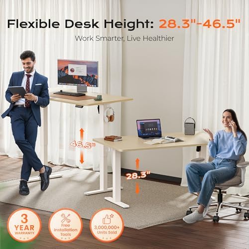 Huuger 55 x 28 Large Electric Standing Desk, Height Adjustable Desk, 27.6" Deep Desktop, Stand up Gaming Computer Office Desk with 2 Hooks, 3 Preset Heights, for Home Office, Maple - Image 3