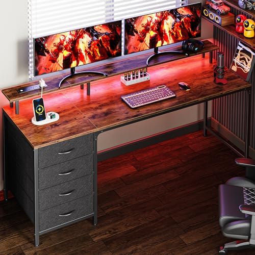 Huuger 63 Inch Rustic Brown Gaming & Office Computer Desk with 4 Drawers, Monitor Stand, LED Lights & Power Outlets by Huuger