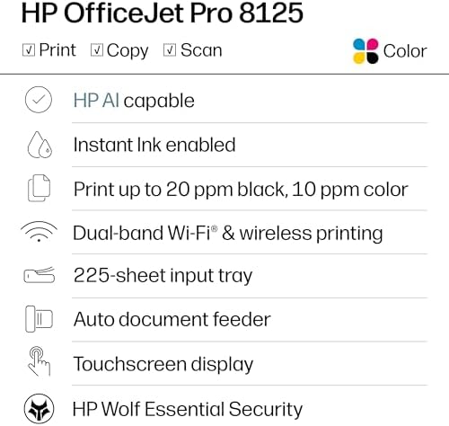HP OfficeJet Pro 8125 Wireless All-in-One Color Inkjet Printer, Print, Scan, Copy, ADF, Duplex Printing Best-for-Home Office, 3 Month Trial of Instant Ink Included, AI-Capable (C2VJ4A) - Image 2