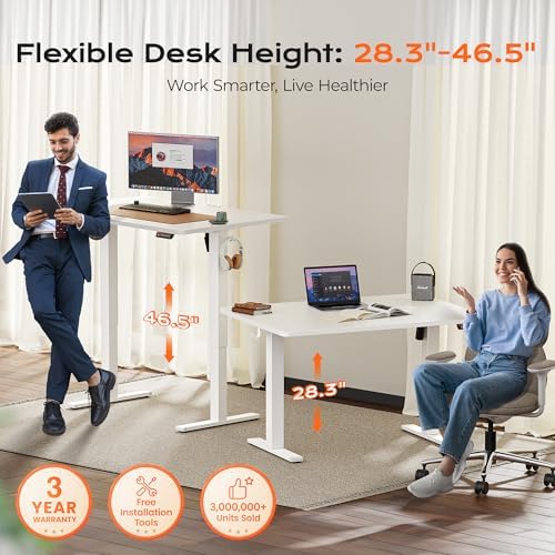 Huuger 48 x 28 Large Electric Standing Desk, Height Adjustable Desk, 27.6" Deep Desktop, Stand up Gaming, 2 Hooks, 3 Preset Heights, for Home Office, White - Image 3
