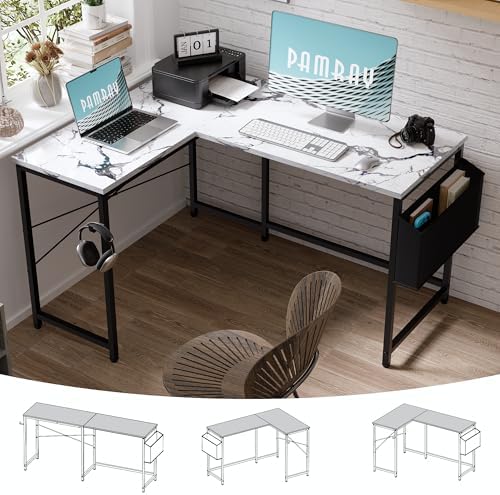 Pamray 47 Inch Reversible L Shaped Gaming Desk Corner Computer Desk with Storage Bag Home Office Table for Writing Study Marble - Image 4