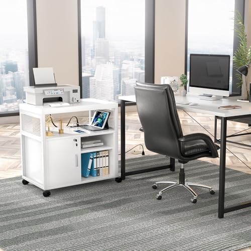 Unikito Rolling File Cabinet Lateral Office Filing Cabinets with Socket and USB Charging Port, Modern Printer Stand on Wheels, Printer Cabinet with Door and Open Storage, Lockable, White - Image 5