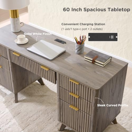 T4TREAM 60" Modern Fluted Executive Desk with Drawers, Alder Grey - Image 5