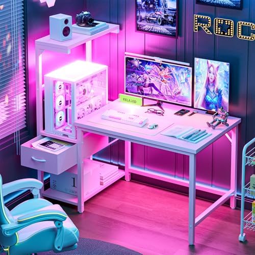 Grandder Gaming Desk 47 Inch with CPU Stand and LED Light, Computer Desk with Reversible Shelves and Storage Drawer, Pc Small Desk for Home Office Table with Bag, Pink - Image 4