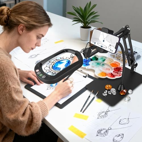12X Square Magnifying Glass with Light and Stand, Real Glass LED Lighted Magnifier and Phone Holder, 5 Color Modes Stepless Dimmable, Hands-Free Desk Lamp for Craft Hobby Close Work Black and Holder - Image 6