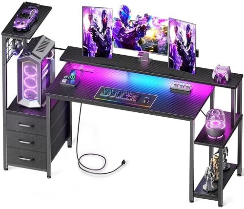 Korfile 55 Inch Gaming Desk with Bluetooth LED Lights & Power Outlets,Computer Desk with Fabric Drawers & Hooks,Reversible Gamer Table with Monitor Stand for Game Room,Home Office,Carbon Fiber Black by Korfile