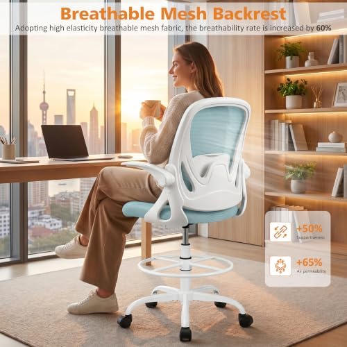 Drafting Chair Tall Office Chair with Flip-up Armrests, Adjustable Height, and Enhanced Lumbar Support - Ergonomic Rolling Stool, Back Support, and Adjustable Foot Rest Ring Light Blue - Image 5