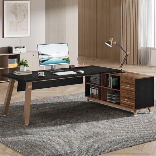 Tribesigns 78.7-Inch Executive Desk, L-Shaped Desk with 55-Inch Cabinet, Large Office Desk with Storage Shelves, Modern Computer Desk for Home Office, Black & Walnut - Image 5
