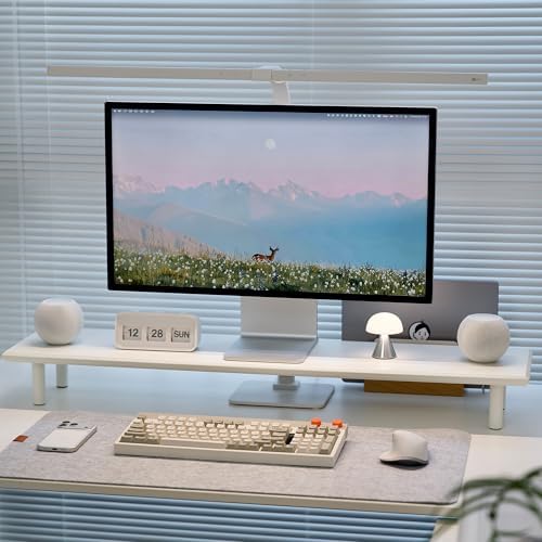 Bamboo Dual Monitor Stand Riser, White Desk Shelf with Storage by Rocdeer