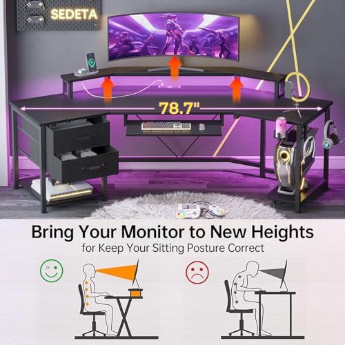 SEDETA 79" Gaming Desk with Fabric Drawers Storage, LED Light & Power Strip - Image 6