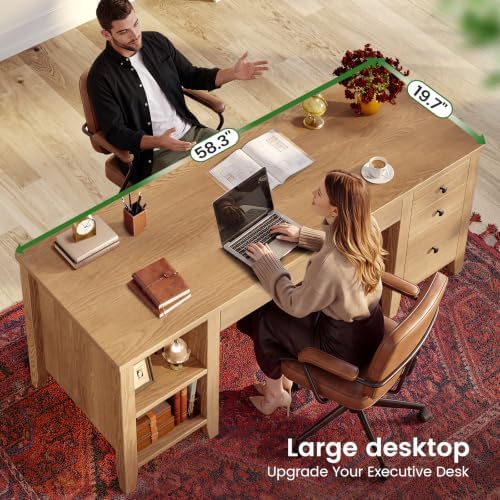 SEDETA 58'' Solid Pine Wood Computer Desk, Executive Home Office Desk with 4 Wood Drawers and Storage Shelves for Work Study Writing, Oak - Image 6