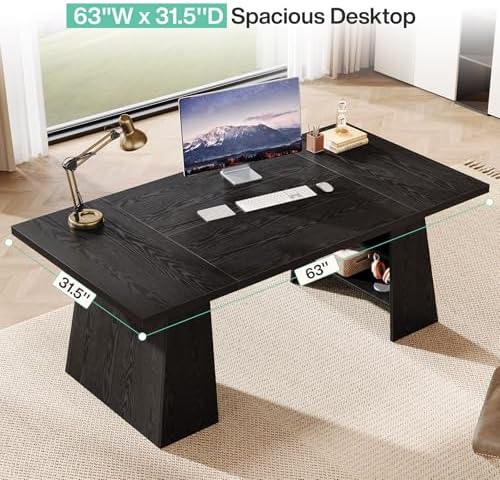 Tribesigns 63-Inch Executive Desk, Modern Black Office Desk with Double Pedestal and Storage Shelves, Simple Large Computer Writing Conference Table Workstations Business Furniture for Home Office - Image 4