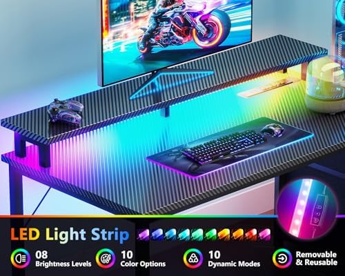 Casaottima 52 Inch Gaming Desk with USB Charging Ports & LED Light - Reversible Computer Desk with 3 Fabric Drawers, Monitor Stand, CPU Stand, Modern Office Desk, Black - Image 5