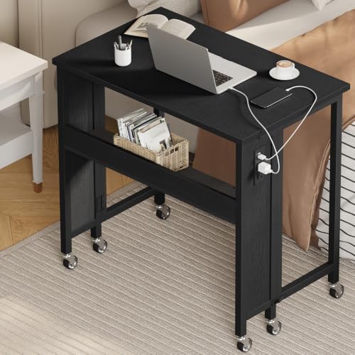 CHOEZON Folding Desk with Power Outlets, 31.5" Rolling Computer Table with Wheels, Portable Office Desk with Storage Shelf for Small Spaces Black TDN01UBB - Image 4