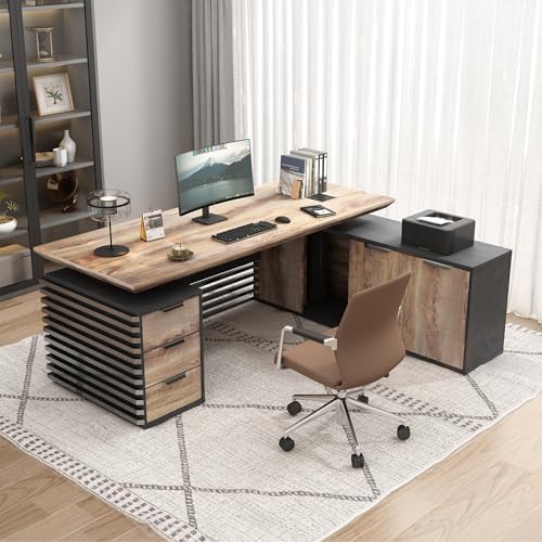 SAINTCY L Shaped Executive Standing Desk with Drawers, 70.87In Large Modern Adjustable Heigh Office Desk w/File Cabinet, Built-in USB Outlet, 2.56" Thick Floating Desktop,for Home Office, Studio by SAINTCY
