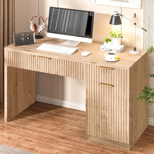 Vabches Farmhouse 47" Fluted Executive Desk with Drawers, Oak - Image 6