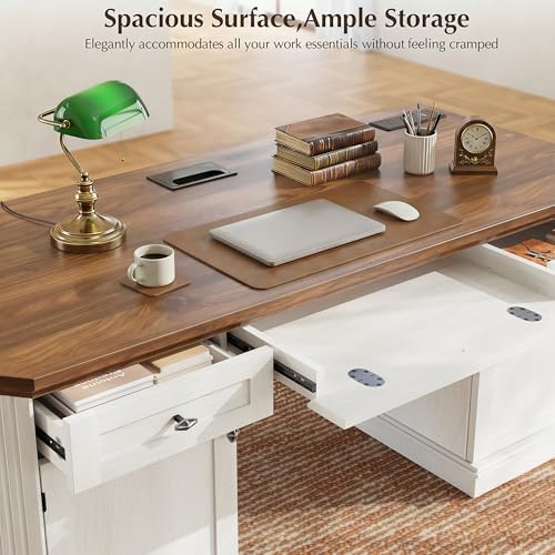 59" Classic Executive Desk with Storage, Victorian Executive Desk with Charging Station, Keyboard Tray, 3 Drawers & Cabinet Storage & Pedestal, Easy Assembly, White - Image 4