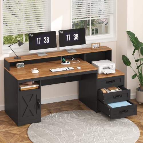 65" Farmhouse Computer Desk with Drawers and Printer Stand for Home Office - Image 3