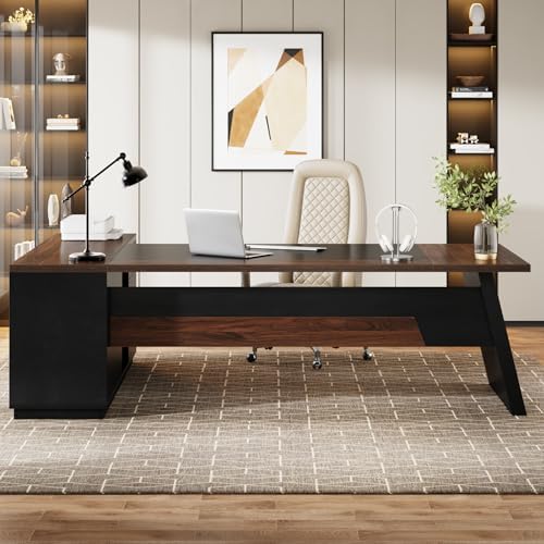 Tribesigns 78" L-Shaped Executive Desk, Large Office Desk with Drawers and File Cabinet, Modern Business Furniture for Home Office (Walnut & Black) - Image 3