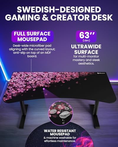 Arozzi Arena Special Edition Ultrawide Curved Gaming and Office Desk with Full Surface Water Resistant Desk Mat Custom Monitor Mount Cable Management Cut Outs - Flower - Image 2