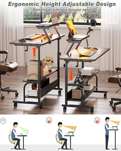 Height Adjustable Standing Desk with Power Outlets and LED Lights - 32" Manual Stand Up Desk with Monitor Stand and Storage Shelves Small Mobile Rolling Computer Desk Portable Laptop Table, Grey Oak - Image 4