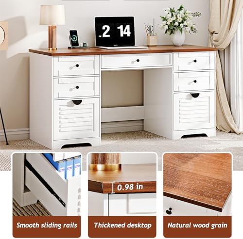 Ieejdn 59" Home Office Desks, Executive Desk, Farmhouse Computer Desk with 7 Drawers and Charging Station, File Drawer, Rustic Computer Writing Desk,Antique Cream - Image 6