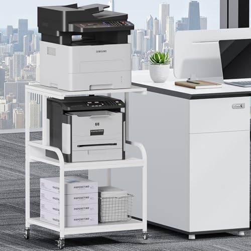 EasyCom Printer Stand- Large 3 Tier Printer Table with Wheels- Industrial Printer Storage Cart- Rolling Printer Cart with Storage Shelf for Printer Scanner Fax Home Office Use- White - Image 2