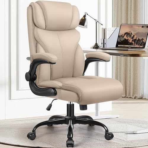 HeroSet Office Chair, Ergonomic Big and Tall Computer Desk Chairs, Executive Breathable Leather Chair with Adjustable Flip-up Armrests, Lumbar Support Swivel PC Chair with Rocking Function,Khaki by HeroSet