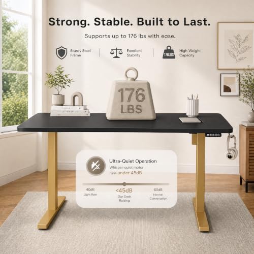 Grandder 55x32 Extra-Deep Electric Standing Desk, Wide Desktop Fits 49" Ultrawide Monitor+Dual Screens, 176 lbs Capacity, 2 Memory Presets, Anti Collision, Computer Desk, Black Top&Gold Frame - Image 6