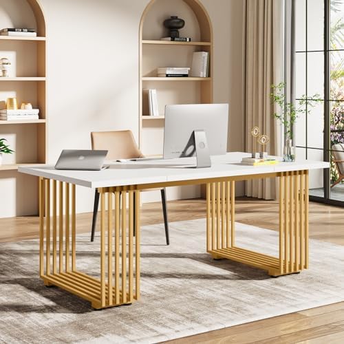 Tribesigns 70.9" Modern Office Desk, Wooden Computer Desk, White Executive Desk with Gold Metal Legs, Large Workstation for Home Office, Study Writing Desk, Small Conference Table for Meeting Room - Image 6