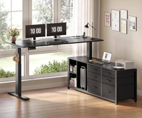SEDETA L Shaped Electric Standing Desk with 6 Fabric Drawers, 55" x 55" Height Adjustable Office Executive Desk with Storage Shelves, Stand up Computer Desk with Power Outlet (Black) - Image 2