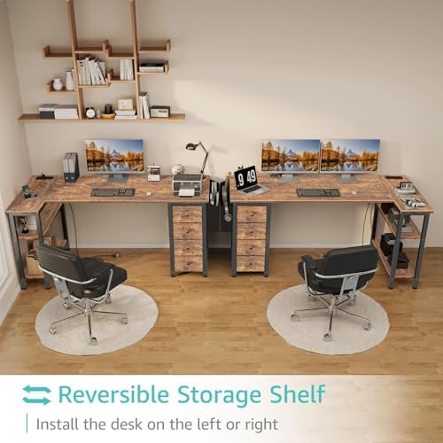 Lufeiya L Shaped Computer Desk with Drawers & Storage Shelves, 63 Inch Corner Desk with Power Outlet for Home Office Bedroom, L-Shaped Teen PC Gaming Desks with Fabric Drawer, Rustic Brown - Image 4