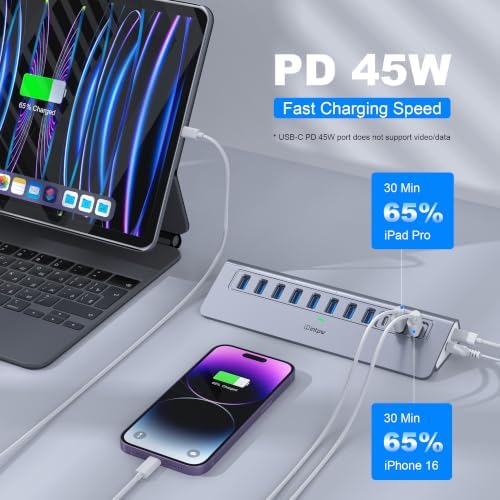 Powered USB Hub 10Gbps, Intpw YH9AC Plus 13-Port USB 3.2 Hub(USB A+USB C 3.2+6 USB-A 3.0+2 PD 45W Fast Charging Port+SD/TF Card Reader), 65W Power Adapter,Aluminum USB HUB for PC,Laptop,iPhone 17/16 - Image 4
