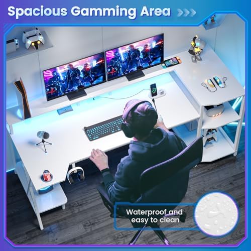 SEDETA White Gaming Desk 55'' with LED Lights and Storage Shelves - Image 5