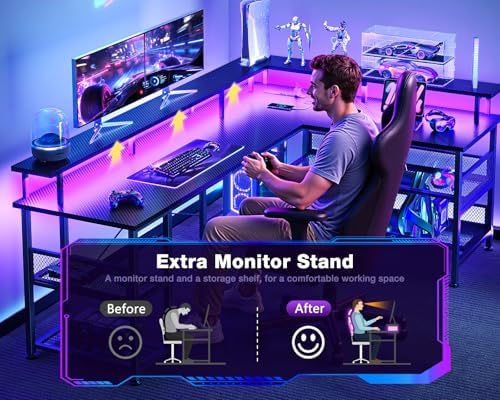 ODK 66" Large L Shaped Gaming Desk with Power Outlet & LED, Black - Image 5