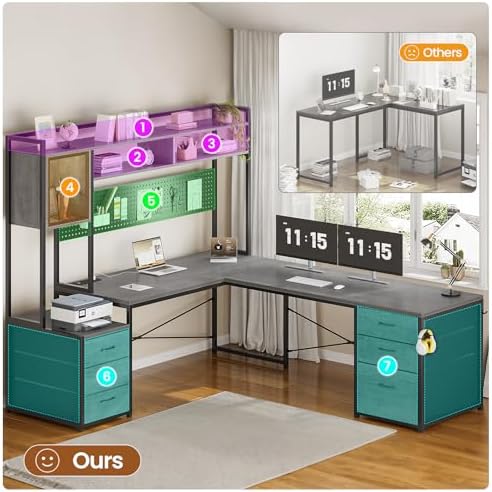 SEDETA Reversible L Shaped Gaming Desk with 6 Drawers, Hutch, Led Lights - Image 5